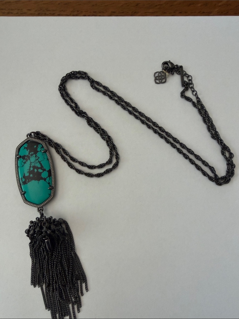 Kendra Scott Turquoise colored Stone Pendant Necklace with Black Chain Tassel